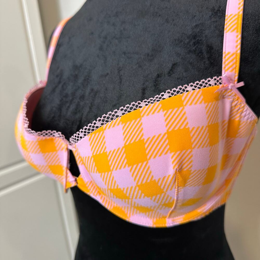 Savage X Fenty Bra 36DD Pink Orange Gingham Balconette Lace Trim Rihanna Retro - Picture 6 of 7